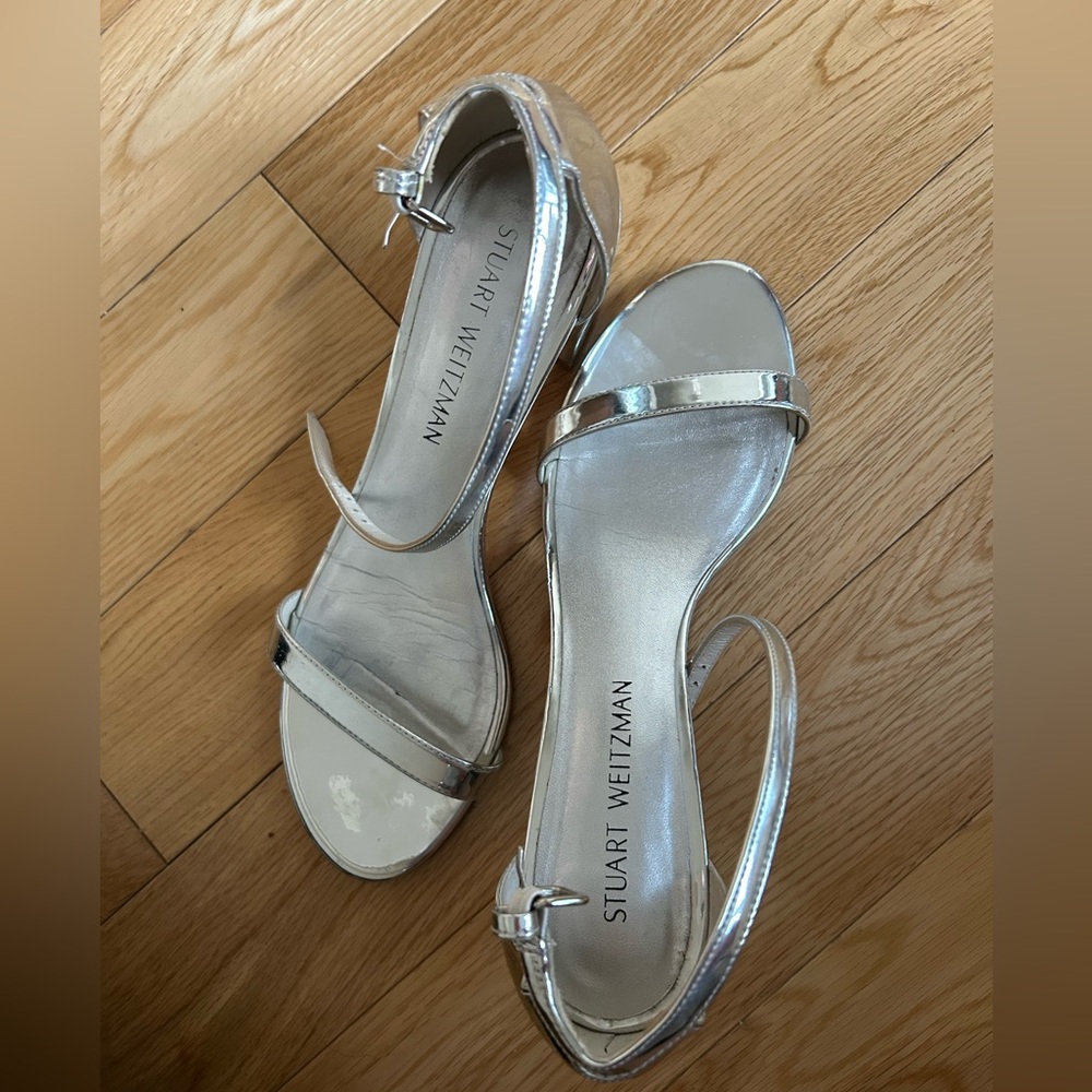 Stuart Weitzman Silver Metallic Simple Block Heel Shoes SIZE 9